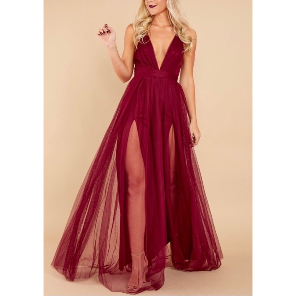 Burgundy Maxi mesh dress